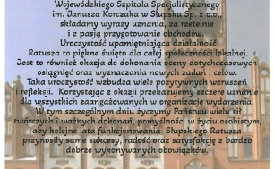 Na zdjęciu widzimy treść życzeń ze strony Wojewódzkiego Szpitala Specjalistycznego im. J.Korczaka w Słupsku